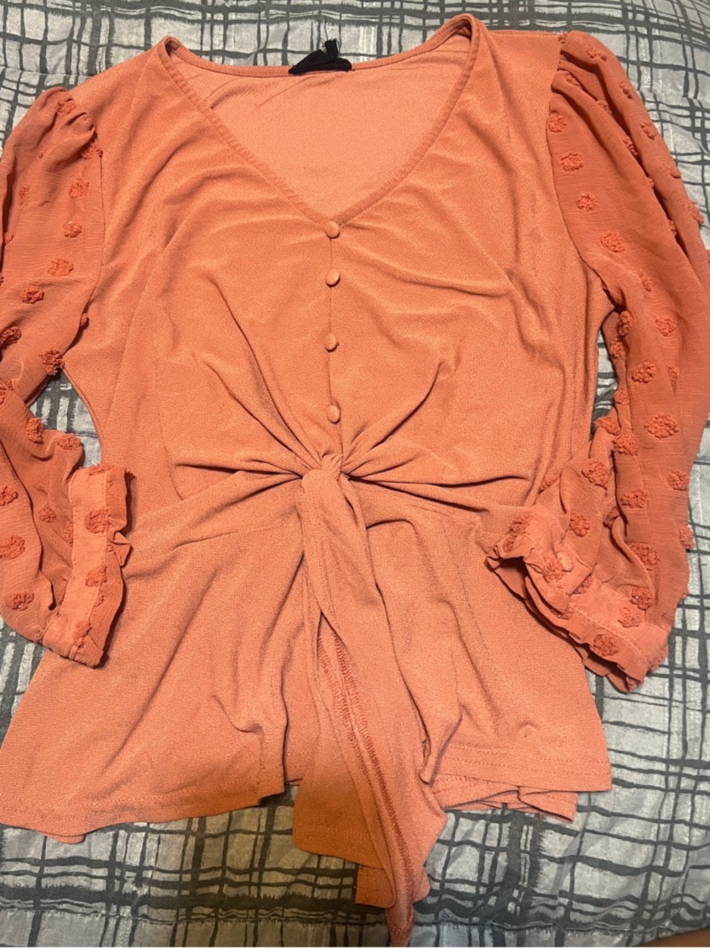 Tie-Front V-Neck Blouse with Textured Balloon Sleeves — Coral